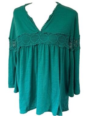 New Directions Top Large Teal Green Crochet Lace Boho Peasant Bell Sleeve V-Neck
